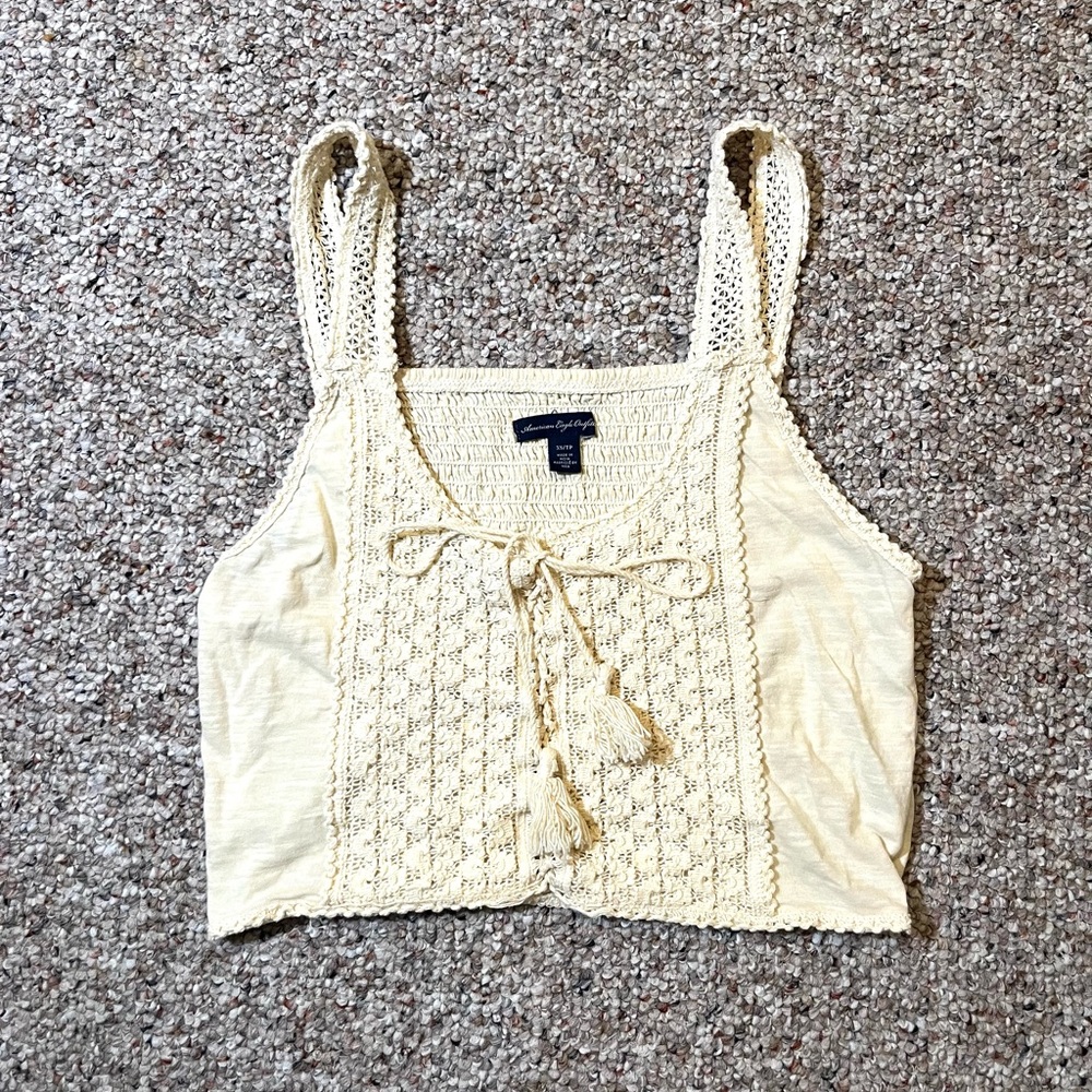 American Eagle Women's Cream Crochet Crop Tank Top
